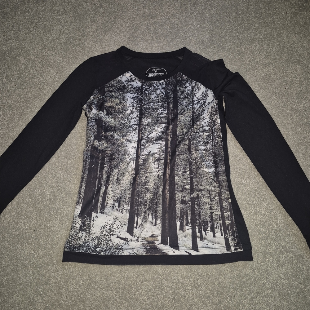 oiselle Black Raglan Long Sleeve with Monochrome Forest Print